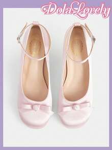 Dola Lovely 女士粉色缎面圆头蝴蝶结踝带低帮低跟鞋，温柔甜美百搭玛丽珍女鞋 - 粉色色丁 - 查看 2