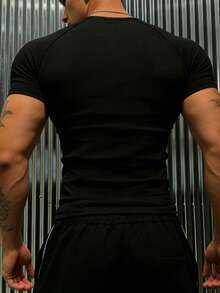 Manfinity Sport Corelite Men's Summer Letter Print Raglan Short Sleeve Black Slim Fit Sports T-Shirt - Black - View 2