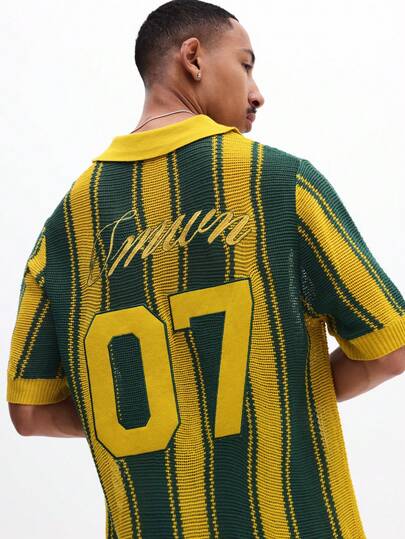 SUMWON 常规版型条纹针织 Polo 衫，背面绣有数字 07，短袖翻领休闲夏季上衣