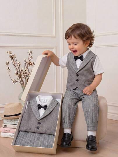 SHEIN Baby Boy Summer & Autumn Suit Vest, Striped Trousers Gentleman Outfit Set, Suitable For Birthday Party, Rave, Evening Party, Performance, Wedding, Baby's 1st Month, Christening, 1st Birthday Celebration, Wedding Guest, Baby Shower Christening