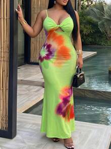 Slaydiva Đầm Slayr Plus Size họa tiết nhiệt đới xoắn phía trước dành cho nữ, đầm hè cho phái nữ, đầm Talk cho nữ, đầm Y2K, đầm Wow, thời trang nữ, trang phục hè cho nữ, đầm nữ, đầm hai mảnh mùa hè cho nữ. - màu xanh lá - Xem 2