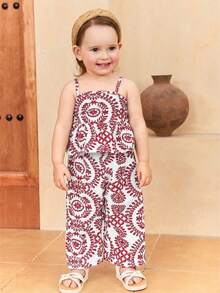 SHEIN Baby Girl Vacation Floral Print Ruffle Hem Camisole - Red - View 6