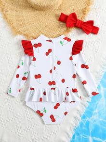 Baby Girl Cherry Print Ruffled One-Piece Swimsuit With Headband - Multicolor - View 2
