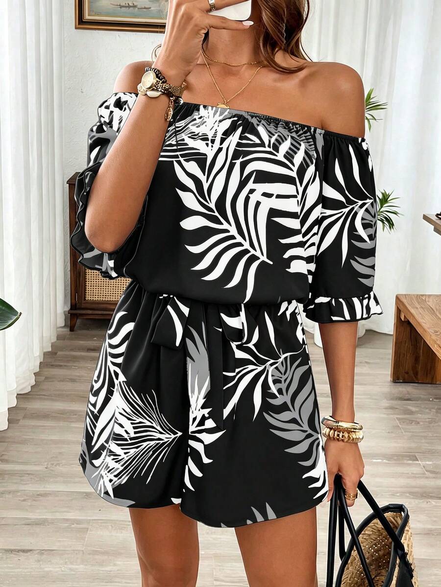 Breezaya Hawaiian Style Boho Ruffled Off Shoulder Romper Holiday Beach Holiday Black And White Floral Summer - Multicolor - View 1