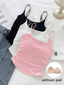 Resyla 3pcs Women Solid Color Pleated Casual Camisole Set - Pink - View 1