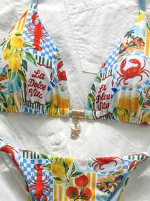 Swim Mod Bộ bikini nữ gồm dây chuyền in họa tiết ngẫu nhiên, trang sức kim loại, thích hợp cho mùa xuân/hè. - Nhiều màu - Xem 7