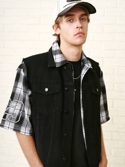 RivetRise 男士单排扣磨边休闲牛仔背心夹克