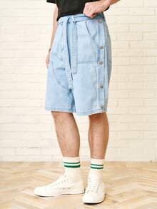 Zalmeno Men's Loose Waist Street Style Multi-Buckle Blue Patchwork Denim Shorts Men Light Wash Denim Shorts Baggy Denim Shorts Men Boyfriend & Husband Couples Vintage Washed Blue For OVERSIZE College Baggy Jean Short - Light Wash - View 4