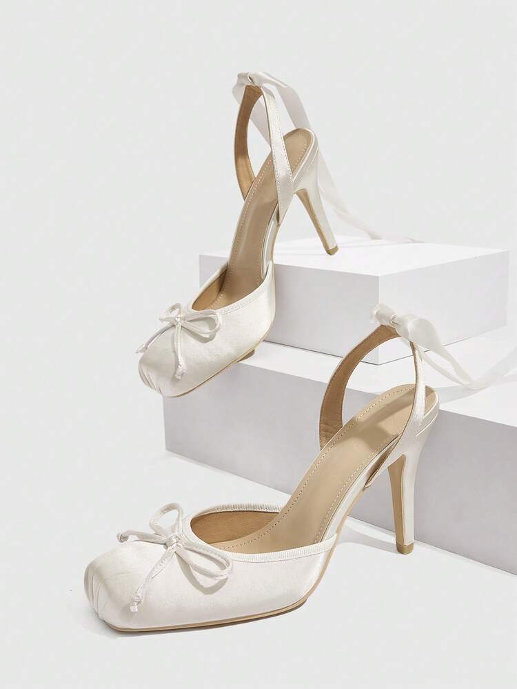 CUCCOO SZL Women's Pointed Toe Beige High Heel Pumps, Hollow Bowknot Lace-Up Backless Cute Sexy Party Lolita Clubwear Spring Shoes