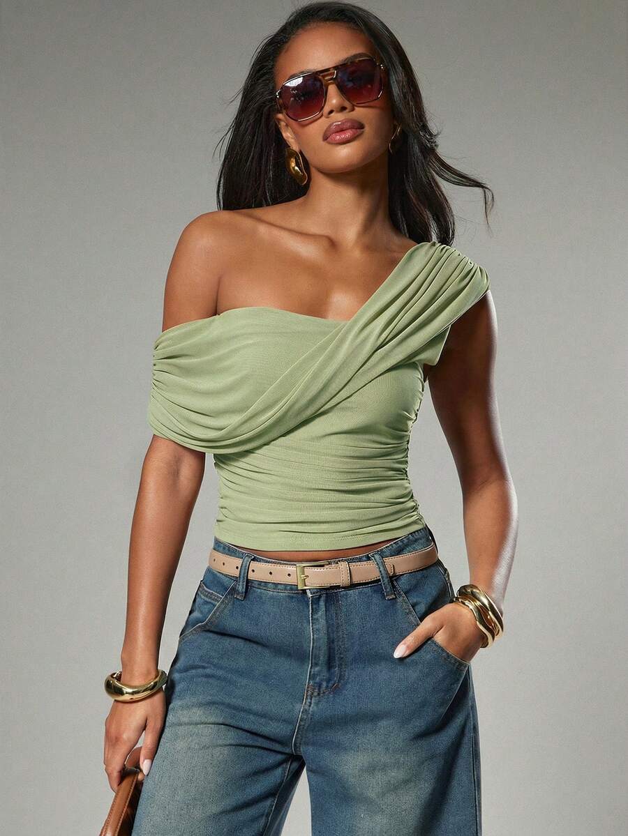SHEIN Haute Women's Sexy Casual Solid Color Asymmetrical One Shoulder Ruched Top - Mint Green - View 1