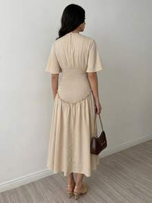 Selianne Women's Solid Color Casual Sexy Pleated Long Dress Golf Pastal Summer - Apricot - View 2