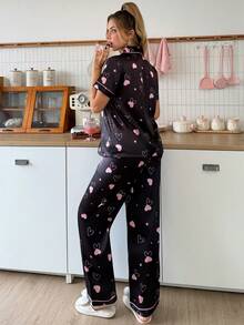 SweetSlumber Women's Sweet Cute Contrast Color Heart & Star Print Lapel Satin Pajama Set - Black - View 2