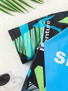 SHEIN Tween Boy Casual Minimalist Round Neck Short Sleeve Shorts Swimsuit Set, Suitable For Summer Swimming, Vacation, Beach Wear - Multicolor - View 3