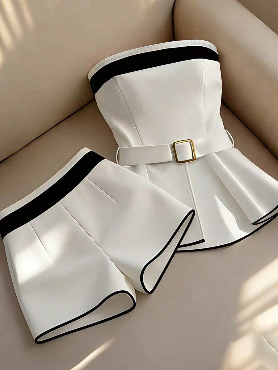 SHEIN PETITE 女士优雅撞色抹胸上衣和短裤两件套，夏季 - 白色 - 查看 1