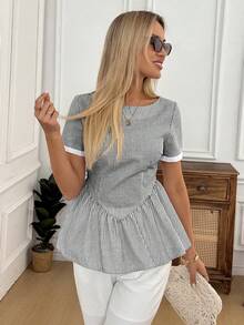 Easowa Maglietta a peplum con stampa a righe, casual per vacanze e pendolarismo, outfit estivo da donna, abbigliamento casual - Bianco e nero - Visualizzare 5