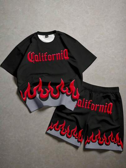 Bộ áo thun ngắn tay cổ tròn và quần short cho bé trai tuổi teen, phong cách tối giản, thoải mái, in tên thành phố cổ điển, họa tiết ngọn lửa, phù hợp với thời trang đường phố, phong cách Y2K.