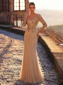 Serin Elegante y lujoso vestido de fiesta con aplicaciones de encaje con cuentas, empalme de malla elástica de punto, volantes y mangas transparentes, adecuado para bodas, fiestas, vacaciones, novia, madre de la novia - Champán - Ver 9