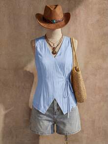 Wildy 波西米亚风休闲美式乡村风奶油黄细肩带背心，适合教师、办公室通勤等场合，复古风黄色夏季上衣，女式夏季衬衫，浅黄色上衣，黄色系带裹身衫，黄色交叉裹身衫，女式黄色夏季上衣，西部风格女装，乡村教师装扮 - 淺藍色 - 查看 2