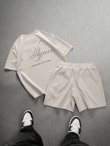 STYNVO Bộ áo thun cổ tròn in chữ và quần short rộng dành cho nam. - Màu be - Xem 8