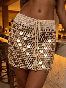 Selianne Áo khoác ngoài đi biển mùa xuân/hè mới, váy dệt kim móc đính sequin màu mơ nhạt buộc dây rút kiểu dáng thường ngày dành cho nữ. - Màu be - Xem 6