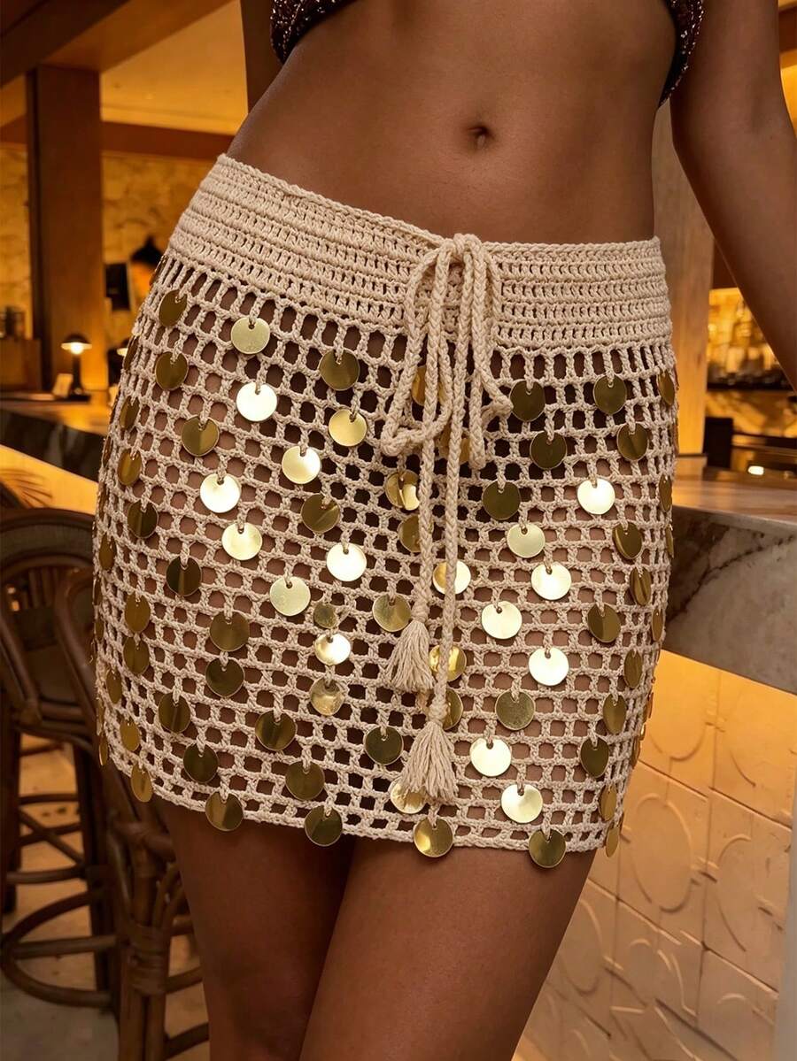 Selianne 春夏新款沙滩罩衫，休闲杏色抽绳系带钩针亮片针织裙（女款） - 杏色 - 查看 1