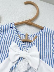 LMoss Kids 2件套女婴条纹蝴蝶结撞色蕾丝露背蝴蝶结上衣和裤子套装，适合春夏季节穿着 - 彩色 - 查看 4
