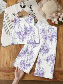 Emery Rose Kids Emery Rose Kids 少女碎花圆领上衣和裤子休闲日常穿搭 - 紫色 - 查看 5
