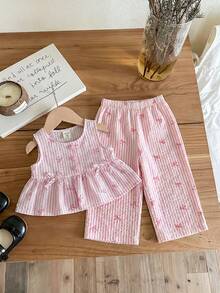 SHEIN LMoss Kids 女婴休闲可爱夏季波点无袖上衣和松紧腰裤套装 - 彩色 - 查看 6