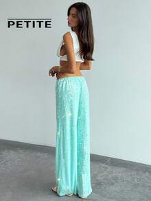 SHEIN Aloruh Petite PETITE 女款夏季新款薄荷蓝优雅休闲海滩度假波西米亚热带风情亮片拼接抽绳腰带亮片裤 - 薄荷藍 - 查看 2