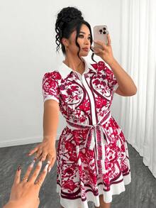 SHEIN Elenzya Plus Size Floral Print Short Sleeve Casual Dress - Red - View 6