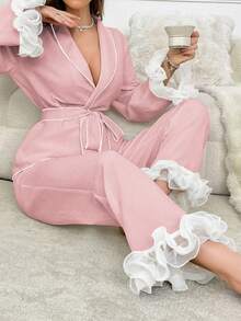 SHEIN 女士网纱拼接上衣和裤子休闲家居服套装 - 粉色 - 查看 3