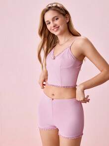 Bộ đồ ngủ/Pjama/Áo ba lỗ viền rau diếp và quần short Bộ đồ ngủ - Bụi hồng - Xem 6