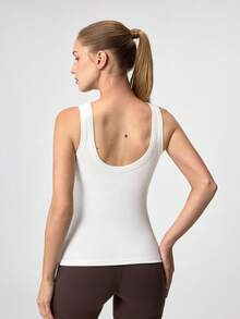 Loungeista 1 peça de blusa básica branca casual com decote em U, sem costas, acolchoada e removível, slim fit - Branco - Ver 3