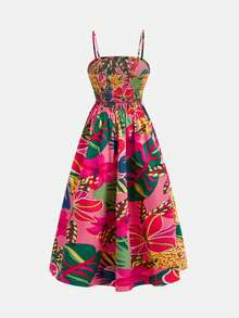 少女碎花吊带连衣裙，休闲度假时尚百搭沙滩裙 - 紅色 - 查看 4