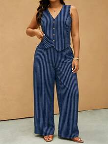 SHEIN Elaquor Conjunto de 2 piezas de camiseta sin mangas con botones delanteros a rayas y pantalones para talla grande, ideal para el verano - Multicolor - Ver 3