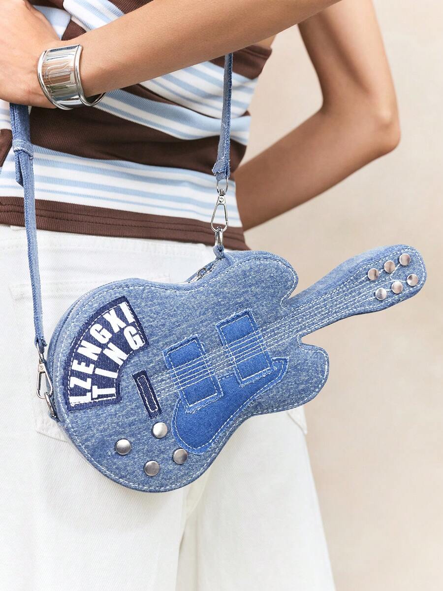 Viva Strut Ladies, Women Guitar Shape Shoulder Bag, Crossbody Bag, Fashionable, Funny, Personalized, Simple, Versatile, Street, Punk, Sweet And Cool Girls, Hot Girls, Y2k, Retro, Rivets, Music Festival - Blue - View 1