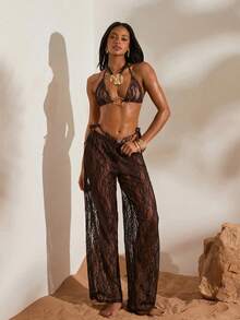 Opulessa 女士蕾丝拼接休闲沙滩罩裤 - 棕色 - 查看 5