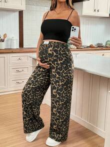 SHEIN 孕妇豹纹弹力腰休闲裤 - 卡其色 - 查看 4