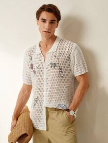 RONVEXI Camiseta de punto casual con bordado hueco de manga corta para hombre, adecuada para la playa - Albaricoque - Ver 6