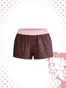 Betty Boop | ROMWE Bộ đồ ngủ áo hai dây và quần short phối họa tiết da báo, viền tương phản. - màu nâu - Xem 5