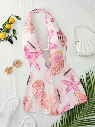 SHEIN Holidaya Bộ jumpsuit in họa tiết cổ chữ V gợi cảm, kiểu yếm, thích hợp cho kỳ nghỉ biển.