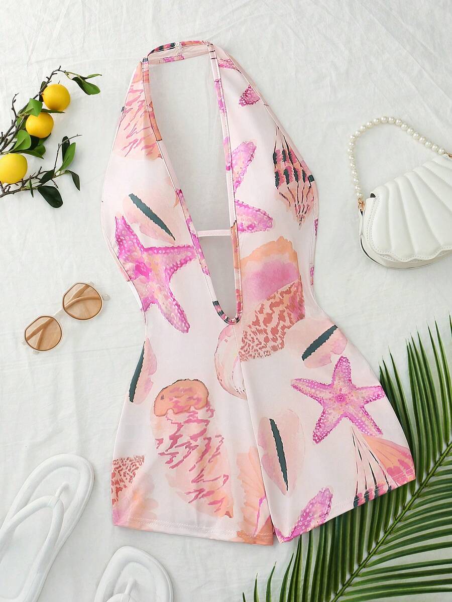 SHEIN Holidaya Bộ jumpsuit in họa tiết cổ chữ V gợi cảm, kiểu yếm, thích hợp cho kỳ nghỉ biển. - Hồng - Xem 1