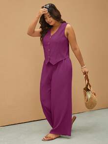 SHEIN Elaquor Plus Size Summer Casual Everyday Commute Solid Color Button Front Tank Top And Pants 2 Pieces Set - Purple - View 6