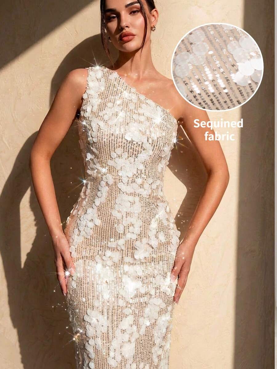 SHEIN Glamour New Apricot Silver Sequined Zip Up Haute Slim Rave Fitted Mini Dress - Apricot - View 1