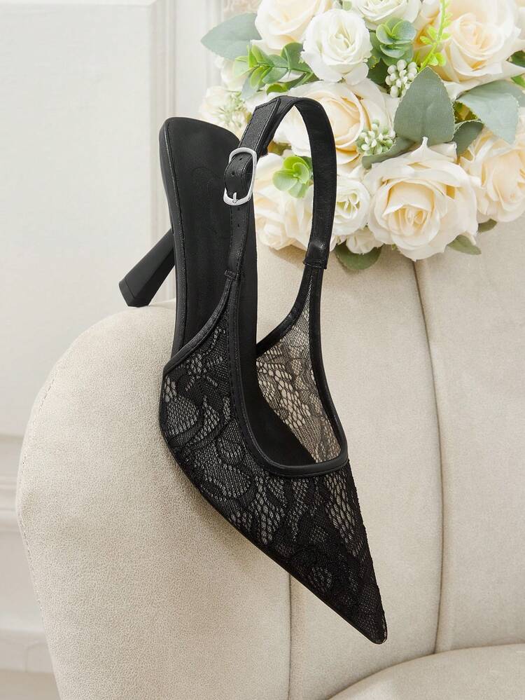 CUCCOO HITCHD Women Shoes Pointed Skinny Heel Black Lace Mesh Women's High Heel Shoes Fashion Elegance Sexy Slingback Shoes Women's Shoes After Wedding Party
