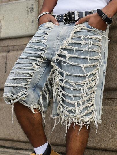 Manfinity EMRG Quần short denim nam màu xanh dương, kiểu dáng thường ngày, kẻ sọc, rách gấu.