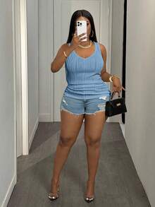 Slaydiva Atasan Camisole V-Neck Kasual Wanita Ukuran Besar, Putih - Biru - View 3