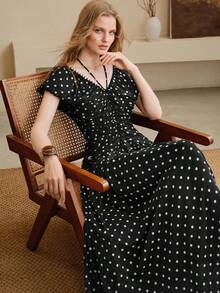 Arave Damen V-Ausschnitt Rüschenärmel Polka Dot Digital Muster Chiffon Kleid, elegant für Dates - Schwarz - Übersicht 2