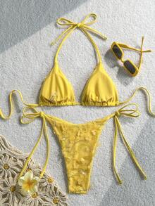 Costavie Swim MOD 2-Piece Floral Sequin Textured Halter Bikini Set, Blue, For Spring/Summer Beach Vacation - Yellow - View 2