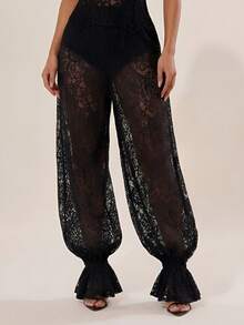 Radiana Women's Fashionable Casual Sexy Sheer Lace High Waist Ruffle Harem Pants, Spring/Summer, Everyday Wear, Music Festival, Versatile, Tropical, African Print, Caribbean, Havana Nights, Jamaica, Coachella, BOHO, Bohemian, Outing, Resort, Beach Vacation, Holiday, Seaside, Western Wear, Concert, Carnival Party, Richly Layered, Date Night, Ibiza, Nashville, Break, Modest, Chic, Club, Cute, Casual, Shopping, Streetwear, Going Out, Easy To Match&Looks Slim, Accent Your Body, Flatter The Figure - Black - View 8